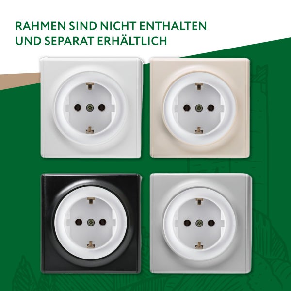 Vier Steckdoseneinsätze in verschiedenen Ausführungen, Rahmen sind nicht enthalten und separat erhältlich.