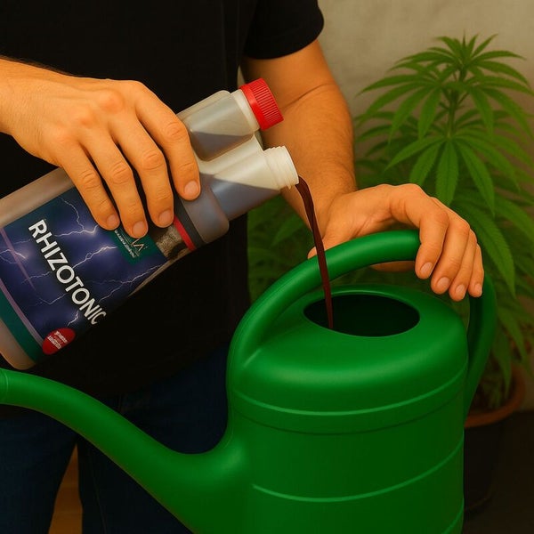 Person gießt Rhizotonic Pflanzendünger aus einer Flasche in eine grüne Gießkanne zur Pflege von Zimmerpflanzen.