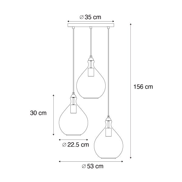 Abmessungen einer Pendelleuchte mit drei Leuchten, 156 cm hoch und 53 cm Durchmesser