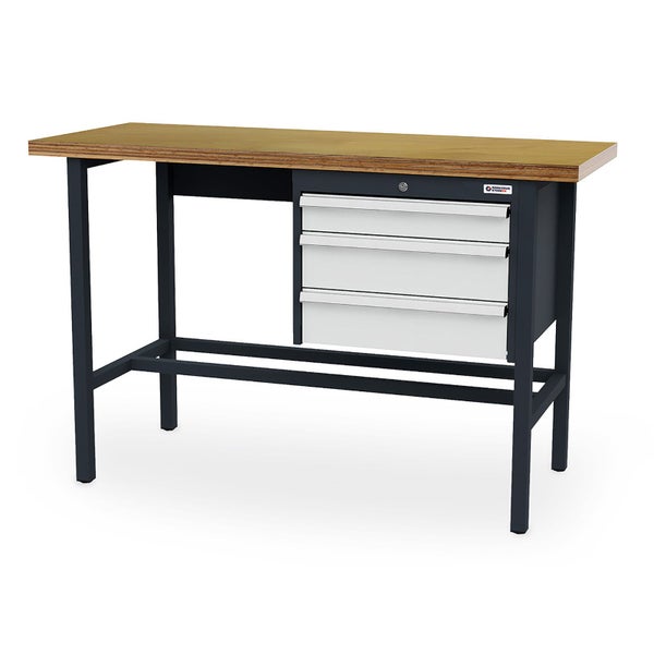 Werkbank mit Holzplatte, dunkelgrauem Metallgestell und drei hellgrauen Schubladen.