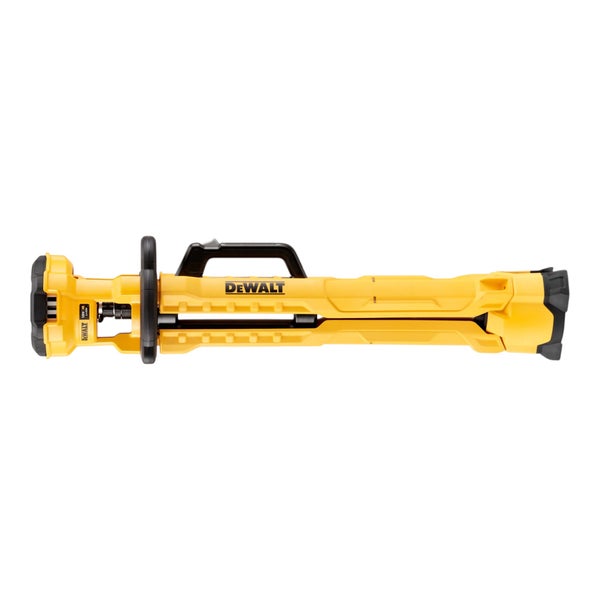 DeWALT 18 Volt LED-Stativleuchte, zusammengeklappt mit Tragegriff.