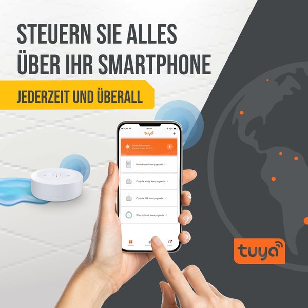 Smartphone mit Tuya App zur Steuerung von Smart Home Geräten wie einem Wassermelder. Tuya Logo.