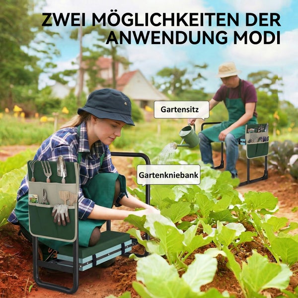 Kombinierte Gartenkniebank und Gartensitz aus Metall mit Polsterung und Werkzeugtasche, gezeigt im Einsatz in einem Gemüsegarten.