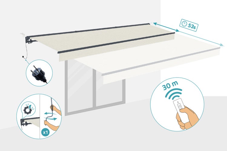 FAZZIO 5x3m Beige motorisierte Halbkassettenmarkise - Premium-Canvas 320 g/m²