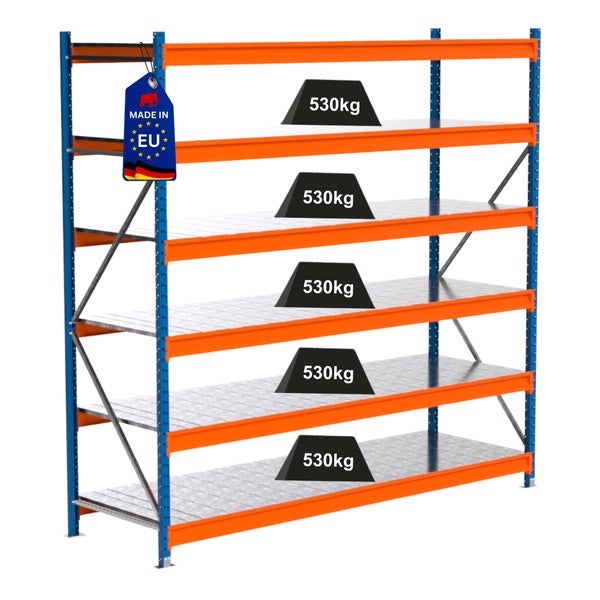 Metallregal mit fünf Ebenen und einer Traglast von 530 Kilogramm pro Ebene