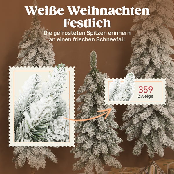 Künstlicher Weihnachtsbaum mit 359 schneebedeckten Zweigen und gefrosteten Spitzen. Detailansicht der verschneiten Nadeln.