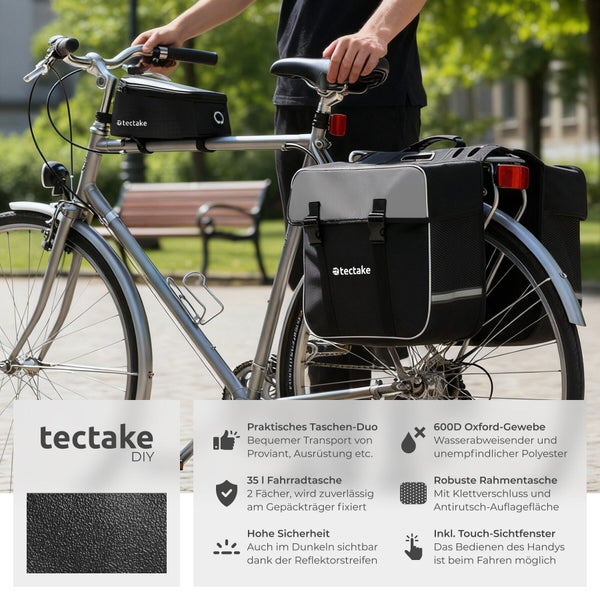 Fahrrad mit Gepäckträgertasche und Lenkertasche der Marke tectake