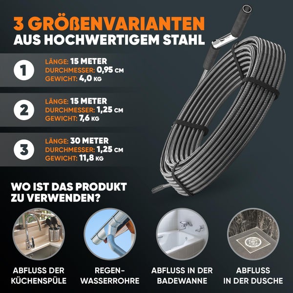Meisterfaktur Rohrreinigungsspirale 3.0 [15m] - extra lang - Ideale Abflussspirale für eine umweltfreundliche Rohrreinigung - Die Rohrspirale für echte Heimwerker! (15 Meter - 0,95cm)