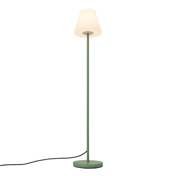 Moderne Stehleuchte mit grünem Standrohr, rundem Fuß und weißem, konischem Schirm.