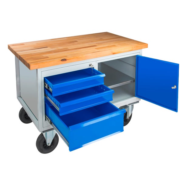PROREGAL Mobile Werkbank Rhino mit 3 Schubladen 1 Tür HxBxT 83 x 130 x 60 cm Traglast 500 kg Lichtgrau Blau