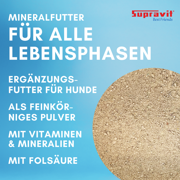 Supravit Mineralfutter für Hunde als feinkörniges Pulver mit Vitaminen Mineralien und Folsäure für alle Lebensphasen.