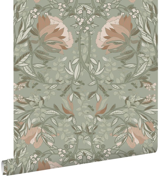 ESTAhome Tapete Blumenmuster im Jugendstil Graugrün und Altrosa - 53 cm x 10.05 m - 139419