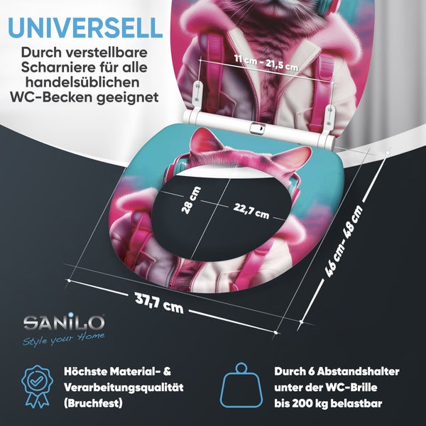 Sanilo WC Sitz mit Katzenmotiv und verstellbaren Scharnieren, bruchfest, belastbar bis 200 Kilogramm, universell passend für Standard WC Becken.
