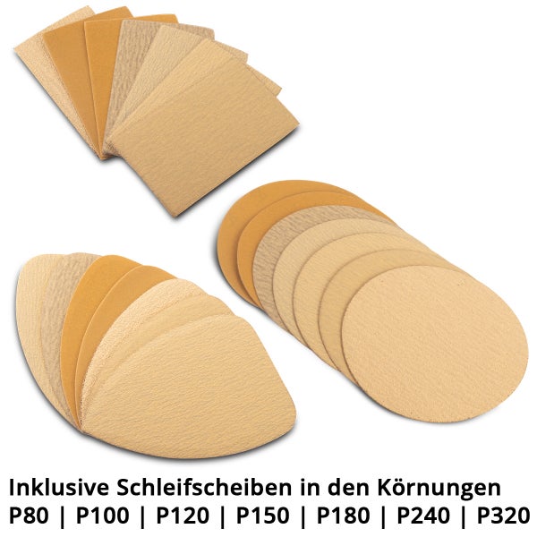 Set aus Schleifpapier in verschiedenen Formen: rechteckig, rund und dreieckig, in den Körnungen P80, P100, P120, P150, P180, P240 und P320.