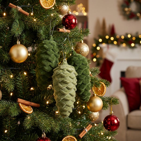 Weihnachtsbaum mit Tannenzapfen Anhängern aus Samt, verziert mit Weihnachtskugeln, getrockneten Orangenscheiben und Zimtstangen.