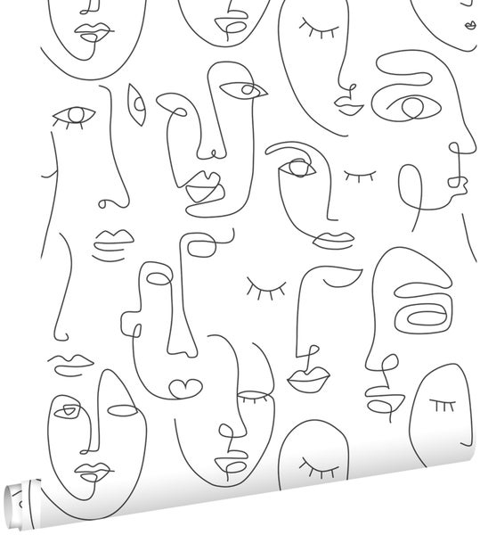ESTAhome Tapete Line Art Gesichter Schwarz-Weiß - 53 cm x 10.05 m - 139145