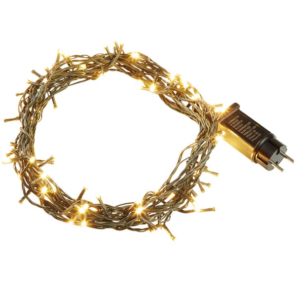 LED-Lichterkette mit warmweißen Lichtern, kreisförmig gebündelt, inklusive Transformatorstecker mit Timerfunktion.