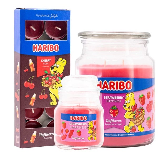 Haribo Kerzen Set 3 - 1x große Erdbeere 1x kleiner Erdbeere 1x Teelicht Cherrycola