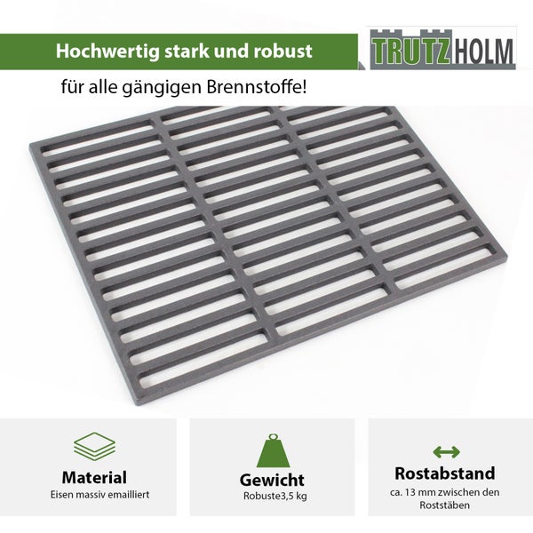 Quadratischer Grillrost aus massivem emailliertem Gusseisen von Trutzholm mit dreizehn Millimeter Stababstand.