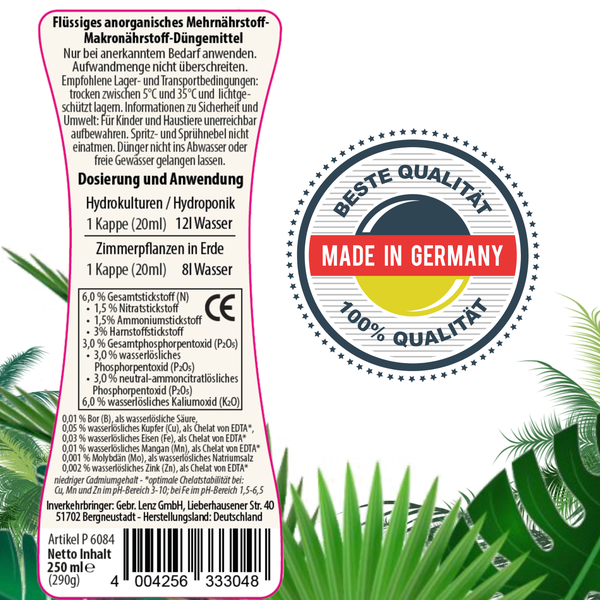 Blusana Universal Flüssigdünger NPK Dünger 6-3-6 für Zierpflanzen Obst- und Gemüse Hydrokultur Hydroponik Erde 500ml Vorteilspaket  2 x 250ml Flasche