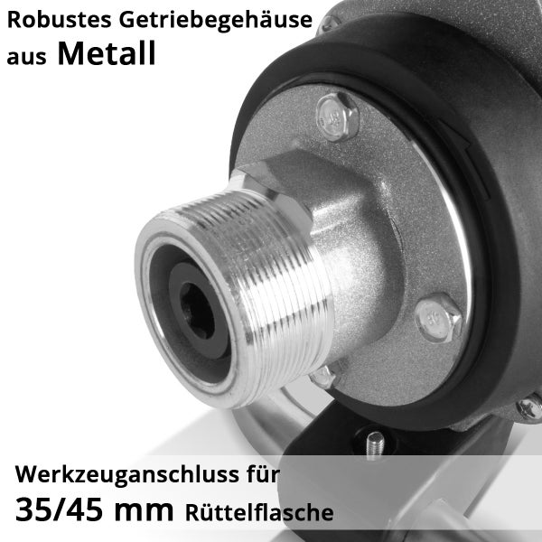Metallgetriebegehäuse mit Werkzeuganschluss für Rüttelflasche mit 35/45 mm Durchmesser.