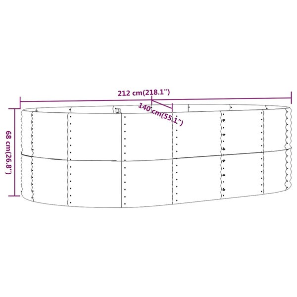 Ovales Hochbeet aus Metall mit Maßangaben: Länge 212 Zentimeter, Breite 140 Zentimeter, Höhe 68 Zentimeter.