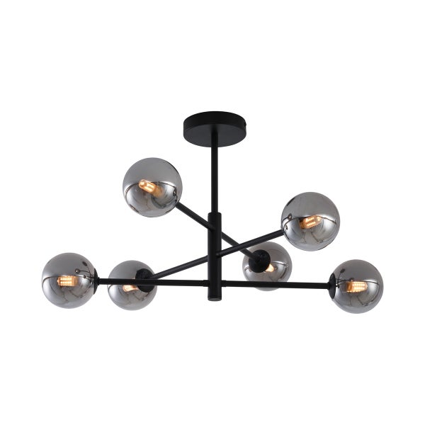 Sechsflammige Deckenleuchte aus schwarzem Metall mit kugelförmigen Glasschirmen in Rauchglasoptik.