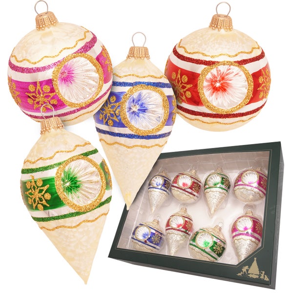 Reflexkugeln- & Tropfen, Eislack Champagner, buntes Dekor, 7-10cm, 8 Stck., Weihnachtsbaumkugeln, Christbaumschmuck, Weihnachtsbaumanhänger