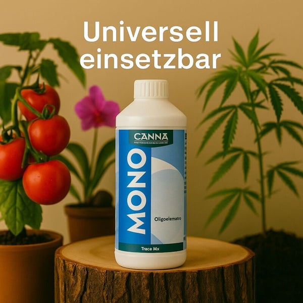 Eine Flasche Canna Mono Trace Mx Pflanzendünger auf einem Holzstumpf neben Tomatenpflanzen und einer Blume.
