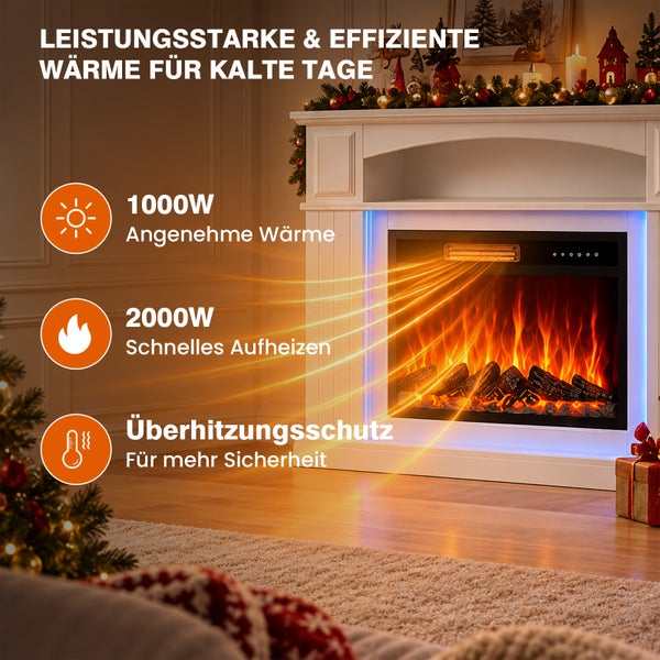 Elektrischer Kamin mit 1000 Watt und 2000 Watt Heizstufen, Überhitzungsschutz und integrierter Flammensimulation in weihnachtlicher Wohnatmosphäre.