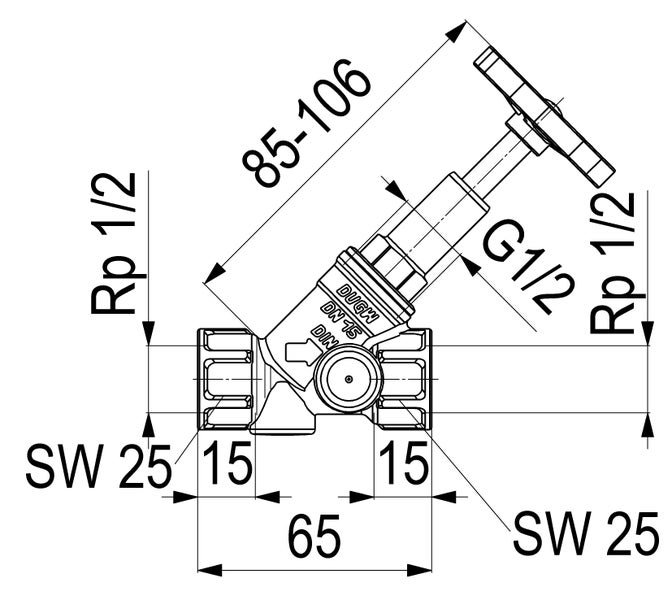Technische Zeichnung eines Schrägsitzventils mit detaillierten Maßangaben in Millimetern und Zoll für Installationen.