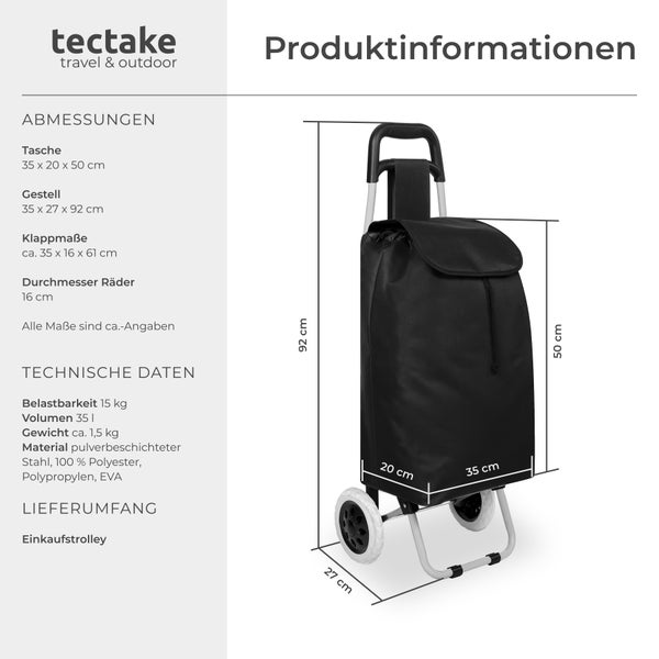 Einkaufstrolley mit Stahlrahmen und Polyestertasche von tectake mit Produktinformationen