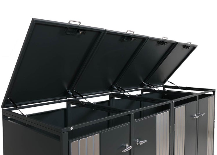 Mülltonnenbox mit drei Behältern und geöffneten Deckeln