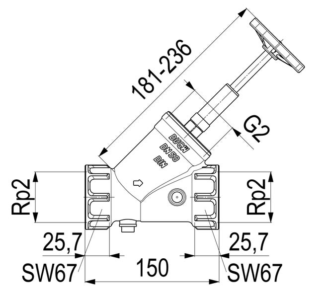 Technische Zeichnung eines Freistromventils mit Maßen, Nennweite DN 50, Gewinde Rp 2, Länge 150 Millimeter, Höhe 181 bis 236 Millimeter.