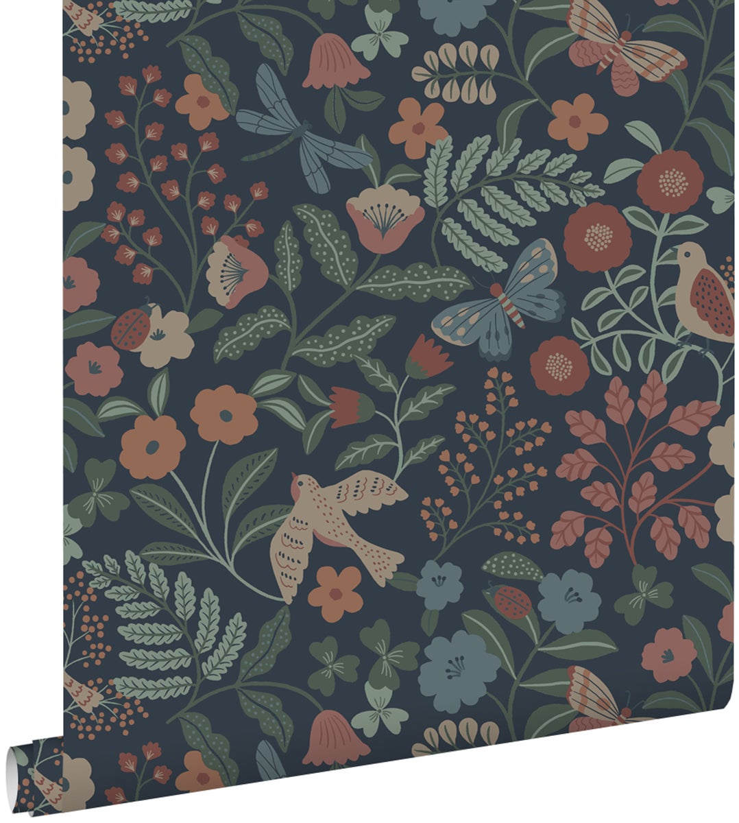 ESTAhome Tapete Blumen und Vögel Dunkelblau, Rosa und Grün - 50 x 900 cm - 139870