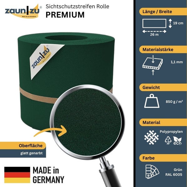Zaun zu Sichtschutzstreifen Rolle Premium aus Polypropylen, 26 Meter lang und 19 Zentimeter breit