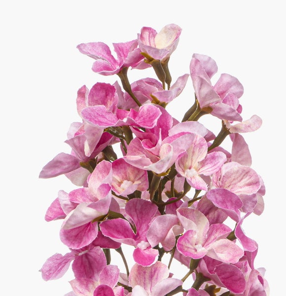 Künstliche Hortensie mit rosa Blüten und grünen Blättern.