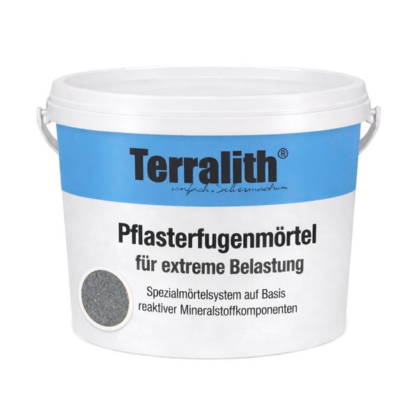 Eimer Terralith Pflasterfugenmörtel für extreme Belastung, ein mineralisches Spezialmörtelsystem für die Pflasterfugenverfugung.