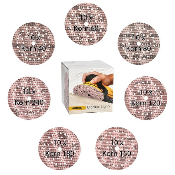 Set mit Mirka Ultimax Ligno Schleifscheiben in verschiedenen Körnungen mit Verpackung