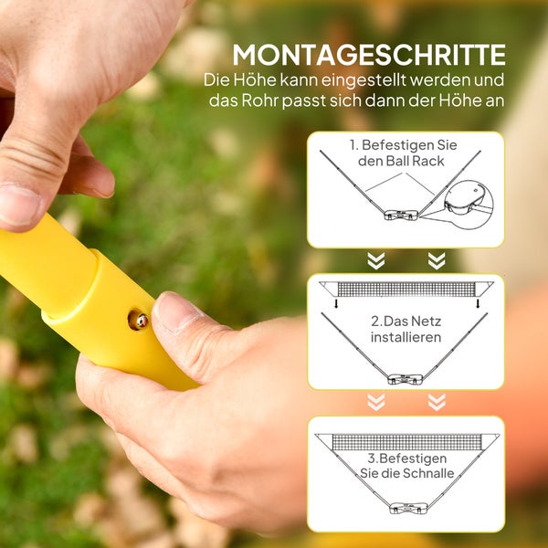 Montageanleitung für Ballständer und Netz in drei Schritten mit Darstellung der Höhenverstellung am Teleskopstab.