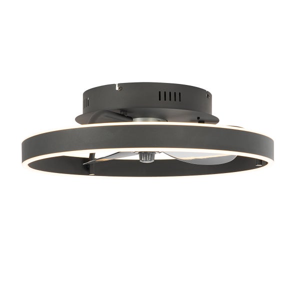 Moderner Deckenventilator mit LED-Lichtring, rundes Gehäuse aus Metall in Schwarz, transparente Ventilatorflügel.