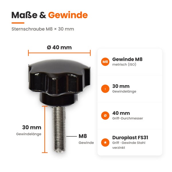 Technische Zeichnung einer Sternschraube mit M8 Gewinde und 30 Millimeter Gewindelänge sowie 40 Millimeter Grifftyp aus Duroplast.