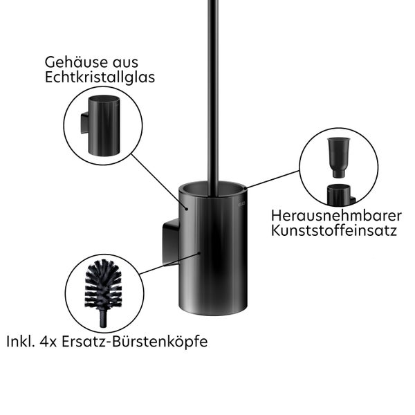 Keuco Toilettenbürstengarnitur Wandmodell mit Gehäuse aus Echtkristallglas, herausnehmbarem Kunststoffeinsatz und inklusive vier Ersatzbürstenköpfen.
