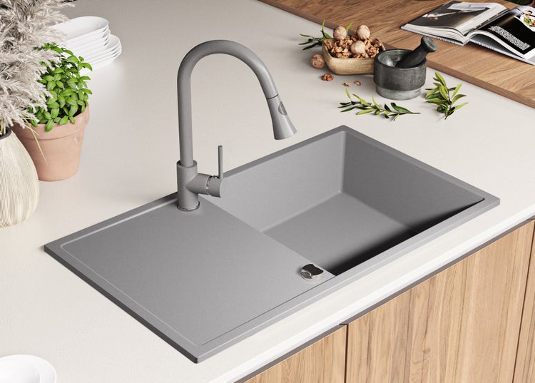 PRIMAGRAN Spülbecken Grau 90x50cm, Granitspüle 1 Becken + Ablauf-Set, Küchenspüle ab 60er Unterschrank - Ibiza