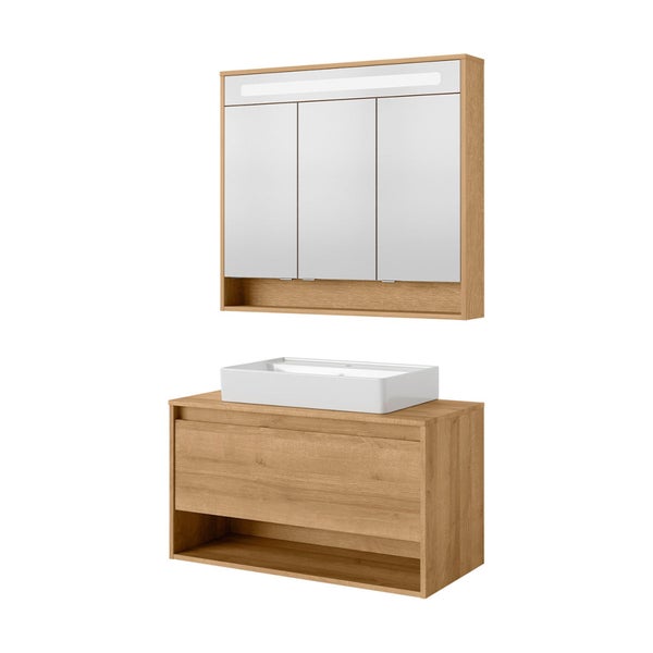 FACKELMANN NATURA Badmöbel Set 3 Teile / Keramik Waschbecken / Waschbeckenunterschrank mit Schublade / LED Spiegelschrank mit 3D-Effekt / Soft-Close-System / Korpus & Front: Braun / Breite: 94 cm