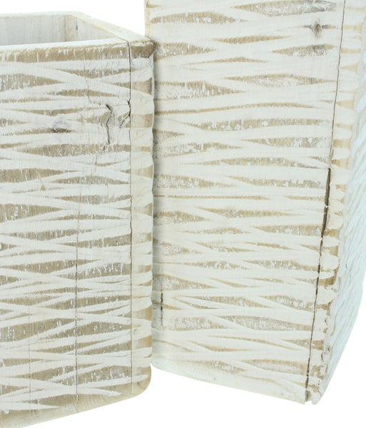 FRANK FLECHTWAREN | Dekovase White Shabby, 2er Set, HOLZ, 12 x 12 x 23 cm, 12,5 x 12,5 x 30 cm