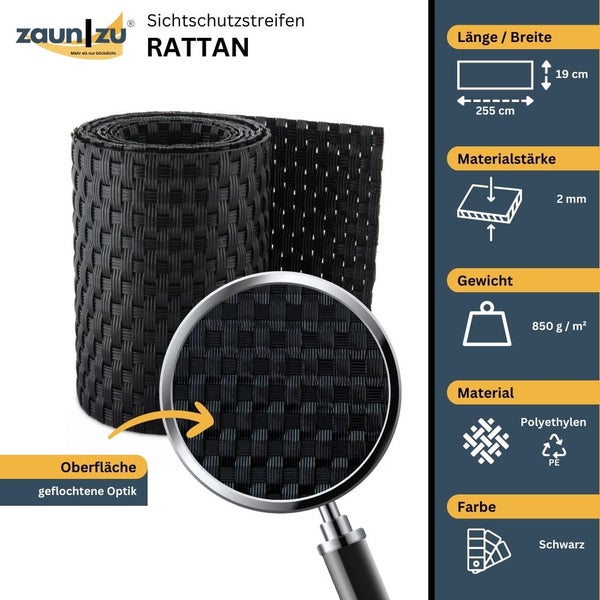 Zaun zu Sichtschutzstreifen Rattan, Länge 255 cm, Breite 19 cm, Materialstärke 2 mm, Gewicht 850 g/m², Polyethylen, geflochtene Optik