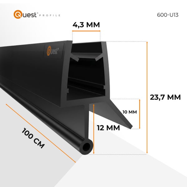 Quest 600-U13 Dichtung, Länge 100 Zentimeter, Höhe 23,7 Millimeter, Öffnung 4,3 Millimeter, Lippen 12 und 10 Millimeter. Quest Profile Logo.
