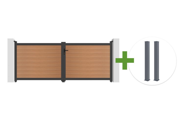 Zweiflügeliges Gartentor mit Aluminiumrahmen, Paneelen in Holzoptik und zwei passenden Pfosten.