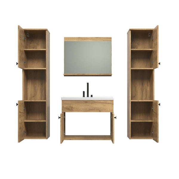 Badezimmermöbel Set in Holzoptik bestehend aus Waschbeckenunterschrank mit Waschbecken und Armatur zwei Hochschränken und einem Wandspiegel